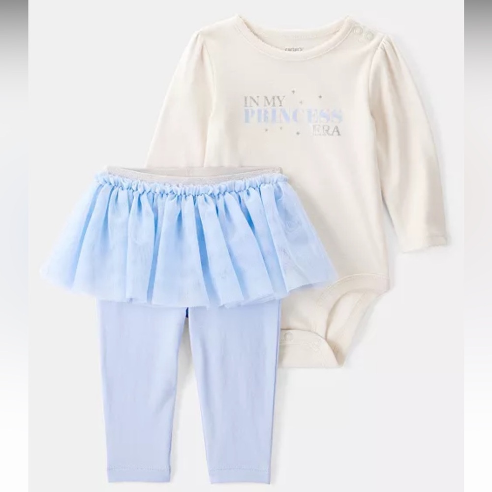 Brand New Carter's Baby Girl 6M Cream Top & Blue Tutu With Leggings Matching Set